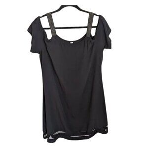 Women's XL Black Rayon Midi Dress | Cold Shoulder, Sparkly Straps, Holiday Ready